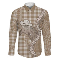 Beige Hawaii Palaka Cowboy Turtle Family Matching Off Shoulder Maxi Dress and Hawaiian Shirt Hawaiian Paniolo Puakenikeni Maile Lei - Polynesian Pride