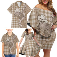 Beige Hawaii Palaka Cowboy Turtle Family Matching Off Shoulder Short Dress and Hawaiian Shirt Hawaiian Paniolo Puakenikeni Maile Lei - Polynesian Pride