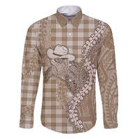 Beige Hawaii Palaka Cowboy Turtle Family Matching Puletasi and Hawaiian Shirt Hawaiian Paniolo Puakenikeni Maile Lei - Polynesian Pride