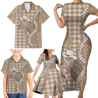 Beige Hawaii Palaka Cowboy Turtle Family Matching Short Sleeve Bodycon Dress and Hawaiian Shirt Hawaiian Paniolo Puakenikeni Maile Lei - Polynesian Pride