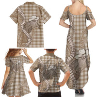 Beige Hawaii Palaka Cowboy Turtle Family Matching Summer Maxi Dress and Hawaiian Shirt Hawaiian Paniolo Puakenikeni Maile Lei - Polynesian Pride