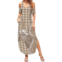 Beige Hawaii Palaka Cowboy Turtle Family Matching Summer Maxi Dress and Hawaiian Shirt Hawaiian Paniolo Puakenikeni Maile Lei - Polynesian Pride