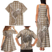 Beige Hawaii Palaka Cowboy Turtle Family Matching Tank Maxi Dress and Hawaiian Shirt Hawaiian Paniolo Puakenikeni Maile Lei - Polynesian Pride