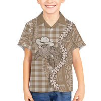 Beige Hawaii Palaka Cowboy Turtle Family Matching Tank Maxi Dress and Hawaiian Shirt Hawaiian Paniolo Puakenikeni Maile Lei - Polynesian Pride