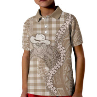 Beige Hawaii Palaka Cowboy Turtle Kid Polo Shirt Hawaiian Paniolo Puakenikeni Maile Lei - Polynesian Pride