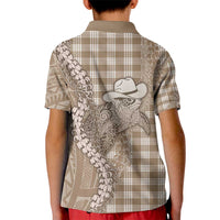 Beige Hawaii Palaka Cowboy Turtle Kid Polo Shirt Hawaiian Paniolo Puakenikeni Maile Lei - Polynesian Pride