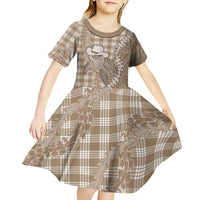 Beige Hawaii Palaka Cowboy Turtle Kid Short Sleeve Dress Hawaiian Paniolo Puakenikeni Maile Lei - Polynesian Pride