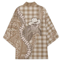 Beige Hawaii Palaka Cowboy Turtle Kimono Hawaiian Paniolo Puakenikeni Maile Lei - Polynesian Pride