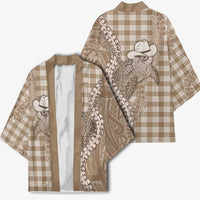 Beige Hawaii Palaka Cowboy Turtle Kimono Hawaiian Paniolo Puakenikeni Maile Lei - Polynesian Pride