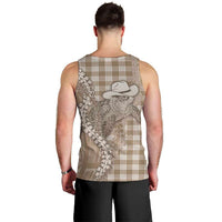 Beige Hawaii Palaka Cowboy Turtle Men Tank Top Hawaiian Paniolo Puakenikeni Maile Lei - Polynesian Pride