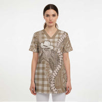 Beige Hawaii Palaka Cowboy Turtle Scrub Top Hawaiian Paniolo Puakenikeni Maile Lei - Polynesian Pride
