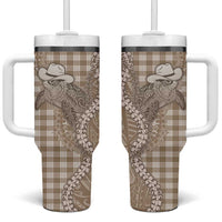 Beige Hawaii Palaka Cowboy Turtle Tumbler With Handle Hawaiian Paniolo Puakenikeni Maile Lei - Polynesian Pride