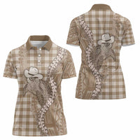 Beige Hawaii Palaka Cowboy Turtle Women Polo Shirt Hawaiian Paniolo Puakenikeni Maile Lei DT05 - Polynesian Pride