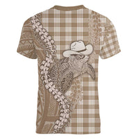 Beige Hawaii Palaka Cowboy Turtle Women V-Neck T-Shirt Hawaiian Paniolo Puakenikeni Maile Lei - Polynesian Pride