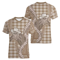 Beige Hawaii Palaka Cowboy Turtle Women V-Neck T-Shirt Hawaiian Paniolo Puakenikeni Maile Lei - Polynesian Pride