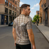 Beige Hawaii Palaka Cowboy Turtle Zipper Polo Shirt Hawaiian Paniolo Puakenikeni Maile Lei - Polynesian Pride