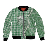 Green Hawaii Palaka Cowboy Turtle Bomber Jacket Hawaiian Paniolo Puakenikeni Maile Lei - Polynesian Pride
