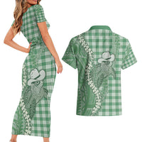 Green Hawaii Palaka Cowboy Turtle Couples Matching Short Sleeve Bodycon Dress and Hawaiian Shirt Hawaiian Paniolo Puakenikeni Maile Lei - Polynesian Pride