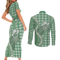 Green Hawaii Palaka Cowboy Turtle Couples Matching Short Sleeve Bodycon Dress and Long Sleeve Button Shirt Hawaiian Paniolo Puakenikeni Maile Lei - Polynesian Pride