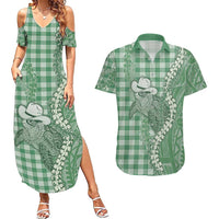 Green Hawaii Palaka Cowboy Turtle Couples Matching Summer Maxi Dress and Hawaiian Shirt Hawaiian Paniolo Puakenikeni Maile Lei - Polynesian Pride