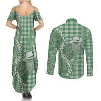Green Hawaii Palaka Cowboy Turtle Couples Matching Summer Maxi Dress and Long Sleeve Button Shirt Hawaiian Paniolo Puakenikeni Maile Lei - Polynesian Pride