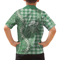 Green Hawaii Palaka Cowboy Turtle Family Matching Long Sleeve Bodycon Dress and Hawaiian Shirt Hawaiian Paniolo Puakenikeni Maile Lei - Polynesian Pride