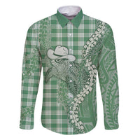 Green Hawaii Palaka Cowboy Turtle Family Matching Long Sleeve Bodycon Dress and Hawaiian Shirt Hawaiian Paniolo Puakenikeni Maile Lei - Polynesian Pride