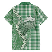 Green Hawaii Palaka Cowboy Turtle Family Matching Off The Shoulder Long Sleeve Dress and Hawaiian Shirt Hawaiian Paniolo Puakenikeni Maile Lei - Polynesian Pride