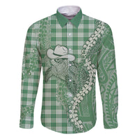 Green Hawaii Palaka Cowboy Turtle Family Matching Off The Shoulder Long Sleeve Dress and Hawaiian Shirt Hawaiian Paniolo Puakenikeni Maile Lei - Polynesian Pride
