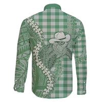 Green Hawaii Palaka Cowboy Turtle Family Matching Off The Shoulder Long Sleeve Dress and Hawaiian Shirt Hawaiian Paniolo Puakenikeni Maile Lei - Polynesian Pride