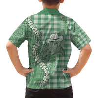 Green Hawaii Palaka Cowboy Turtle Family Matching Off Shoulder Maxi Dress and Hawaiian Shirt Hawaiian Paniolo Puakenikeni Maile Lei - Polynesian Pride