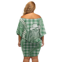 Green Hawaii Palaka Cowboy Turtle Family Matching Off Shoulder Short Dress and Hawaiian Shirt Hawaiian Paniolo Puakenikeni Maile Lei - Polynesian Pride
