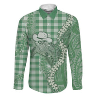 Green Hawaii Palaka Cowboy Turtle Family Matching Puletasi and Hawaiian Shirt Hawaiian Paniolo Puakenikeni Maile Lei - Polynesian Pride