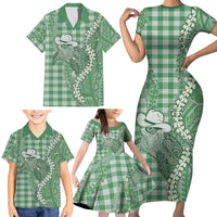 Green Hawaii Palaka Cowboy Turtle Family Matching Short Sleeve Bodycon Dress and Hawaiian Shirt Hawaiian Paniolo Puakenikeni Maile Lei - Polynesian Pride
