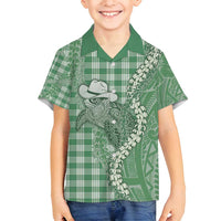 Green Hawaii Palaka Cowboy Turtle Family Matching Tank Maxi Dress and Hawaiian Shirt Hawaiian Paniolo Puakenikeni Maile Lei - Polynesian Pride