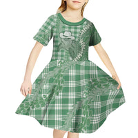 Green Hawaii Palaka Cowboy Turtle Kid Short Sleeve Dress Hawaiian Paniolo Puakenikeni Maile Lei - Polynesian Pride