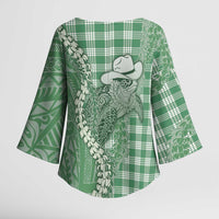 Green Hawaii Palaka Cowboy Turtle Kimono Sleeve Blouse Hawaiian Paniolo Puakenikeni Maile Lei - Polynesian Pride