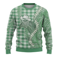 Green Hawaii Palaka Cowboy Turtle Ugly Christmas Sweater Hawaiian Paniolo Puakenikeni Maile Lei - Polynesian Pride