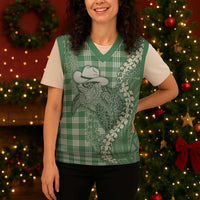 Green Hawaii Palaka Cowboy Turtle Christmas Knitted V-Neck Vest Hawaiian Paniolo Puakenikeni Maile Lei - Polynesian Pride