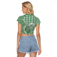 Green Hawaii Palaka Cowboy Turtle Raglan Cropped T Shirt Hawaiian Paniolo Puakenikeni Maile Lei - Polynesian Pride