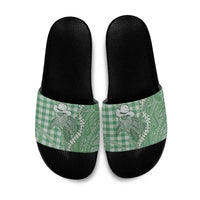 Green Hawaii Palaka Cowboy Turtle Slide Sandals Hawaiian Paniolo Puakenikeni Maile Lei - Polynesian Pride