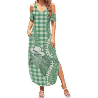 Green Hawaii Palaka Cowboy Turtle Summer Maxi Dress Hawaiian Paniolo Puakenikeni Maile Lei - Polynesian Pride
