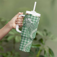 Green Hawaii Palaka Cowboy Turtle Tumbler With Handle Hawaiian Paniolo Puakenikeni Maile Lei - Polynesian Pride