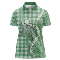 Green Hawaii Palaka Cowboy Turtle Women Polo Shirt Hawaiian Paniolo Puakenikeni Maile Lei - Polynesian Pride