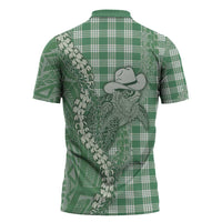 Green Hawaii Palaka Cowboy Turtle Zipper Polo Shirt Hawaiian Paniolo Puakenikeni Maile Lei - Polynesian Pride
