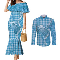 Blue Hawaii Palaka Cowboy Turtle Couples Matching Mermaid Dress and Long Sleeve Button Shirt Hawaiian Paniolo Puakenikeni Maile Lei - Polynesian Pride