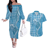 Blue Hawaii Palaka Cowboy Turtle Couples Matching Off The Shoulder Long Sleeve Dress and Hawaiian Shirt Hawaiian Paniolo Puakenikeni Maile Lei - Polynesian Pride