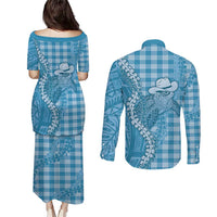 Blue Hawaii Palaka Cowboy Turtle Couples Matching Puletasi and Long Sleeve Button Shirt Hawaiian Paniolo Puakenikeni Maile Lei - Polynesian Pride