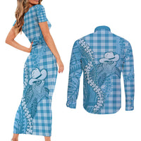 Blue Hawaii Palaka Cowboy Turtle Couples Matching Short Sleeve Bodycon Dress and Long Sleeve Button Shirt Hawaiian Paniolo Puakenikeni Maile Lei - Polynesian Pride