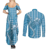 Blue Hawaii Palaka Cowboy Turtle Couples Matching Summer Maxi Dress and Long Sleeve Button Shirt Hawaiian Paniolo Puakenikeni Maile Lei - Polynesian Pride